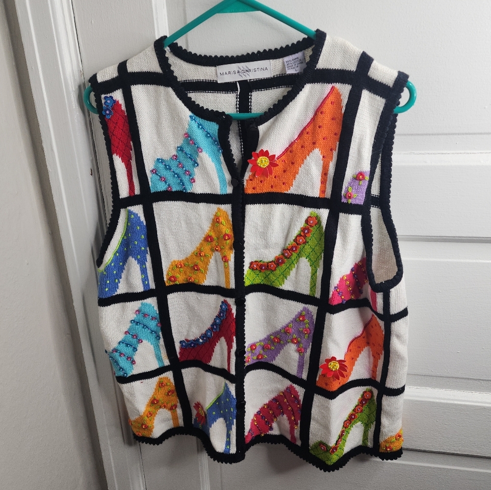 Vintage 1990s Marisa Christina Heels Sweater Vest White Black Large